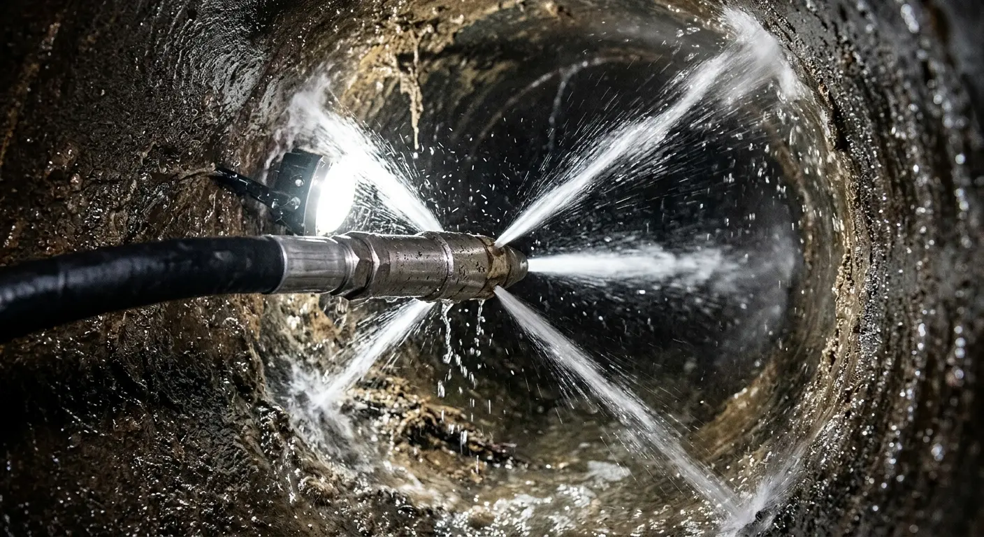 High-pressure hydro jetting nozzle cleaning sewer pipe for Trenchless Sewer Repair in Brentwood