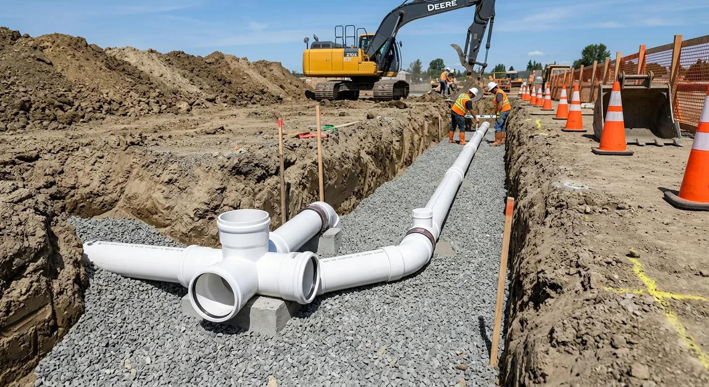 New PVC sewer pipe installation in open trench for Sewer Backup in Brentwood