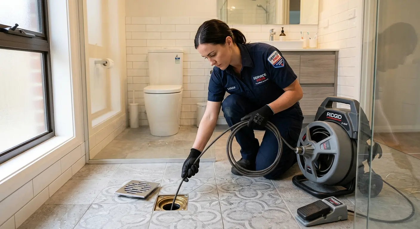 Technician clearing a bathroom floor drain for Clogged Drain Repair in Brentwood